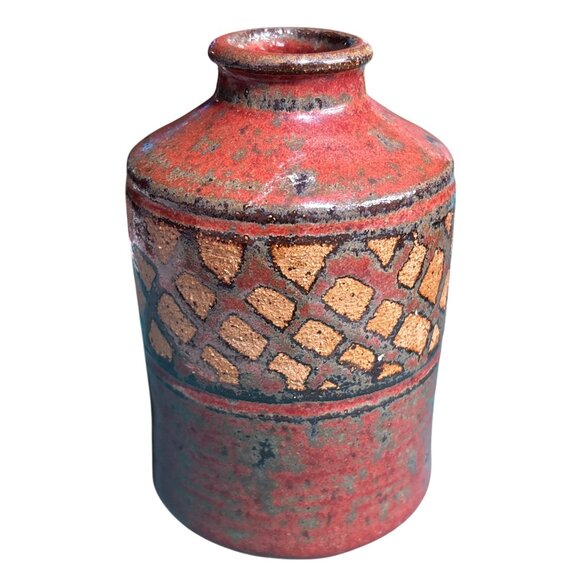 VTG Red Stoneware Vase With Textured Geometric Design Plaid Orange Handmade - Picture 3 of 8